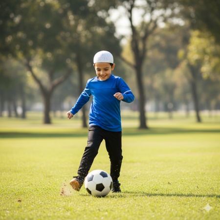 islamic boy playing soccer outdoors in modest sportswear
