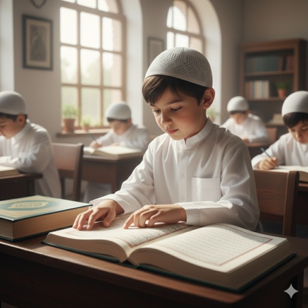islamic boy studying attentively at a madrasa