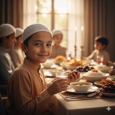 islamic boy sitting at iftar table during ramadan