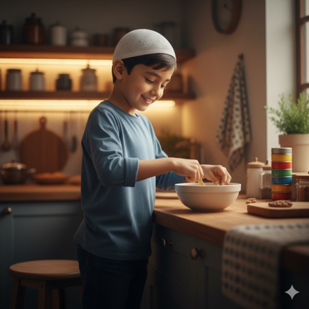 islamic boy helping prepare food in the kitchen