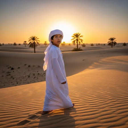 islamic boy walking along a desert village path