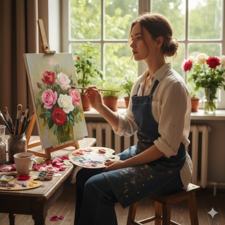 girl painting rose still life