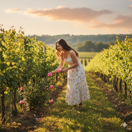 girl picking roses in vineyard