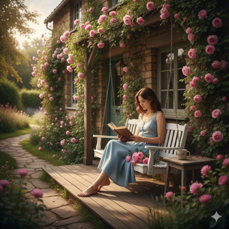 girl reading near rose cottage