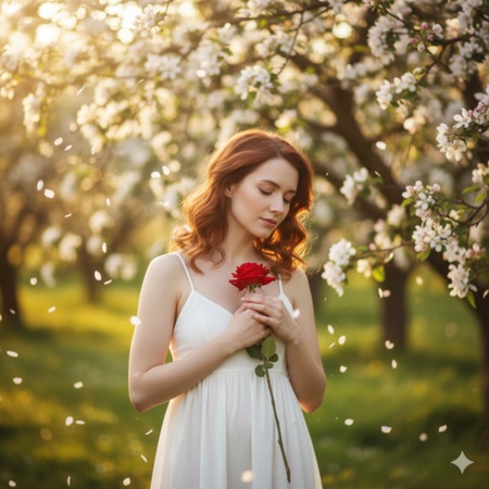 girl with rose in sunlit orchard