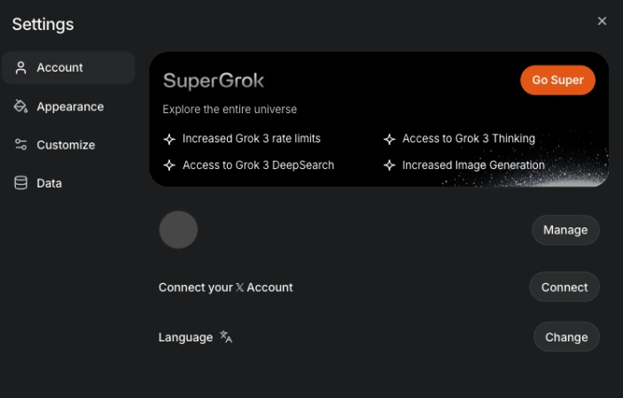 grok account page