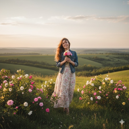 hilltop girl with wild roses