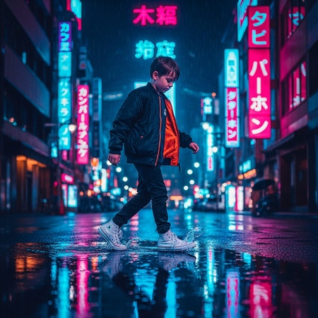 Neon-lit retro boy in rain