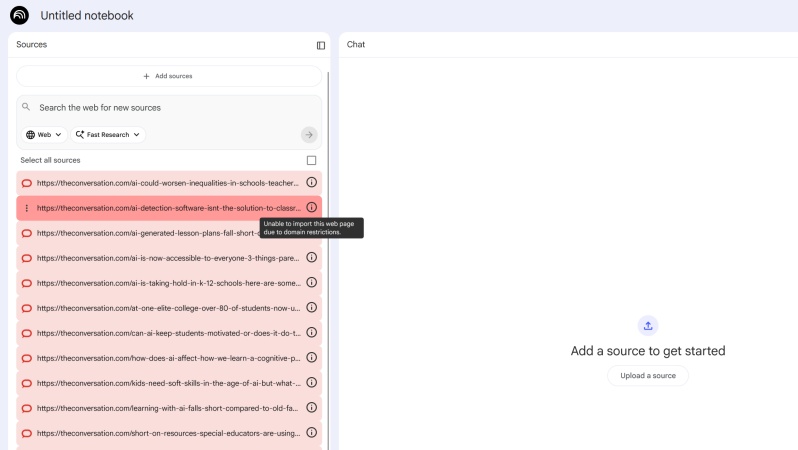 NotebookLM error uploading source message