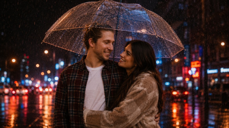 Rainy Umbrella Hug Couple Prompt