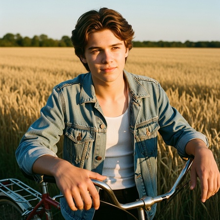 Retro boy on bike at sunset