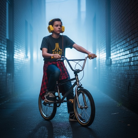 Retro boy on BMX in alley
