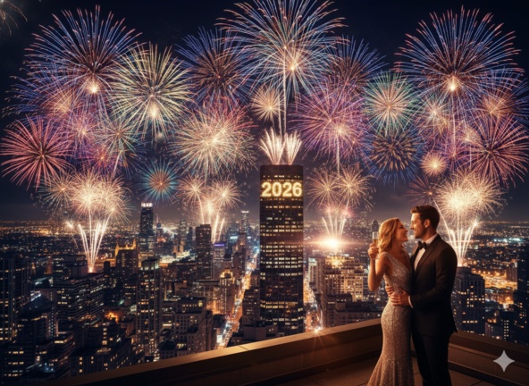 Rooftop toast with fireworks