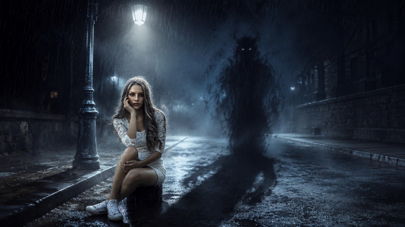 Streetlamp Devil Shadow Prompt for girl