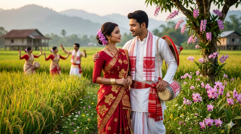traditional Bihu pre-wedding couple portrait