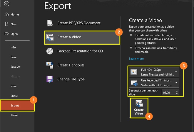 turn a PowerPoint into a video on Windows with build in feature
