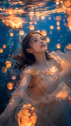underwater photo prompt chatgpt girl floating lanterns portrait