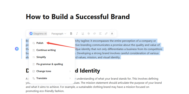 use diagrimo ai to polish text